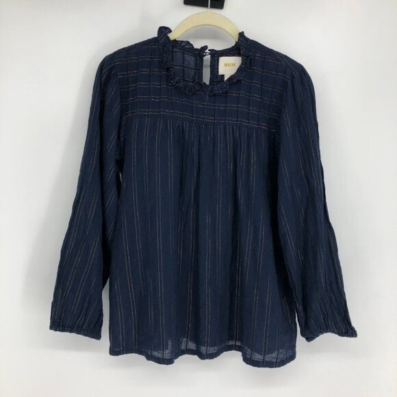 Anthropologie Maeve Reston Blouse Navy Blue w Copper  Vertical Stripes size XS - Picture 12 of 16
